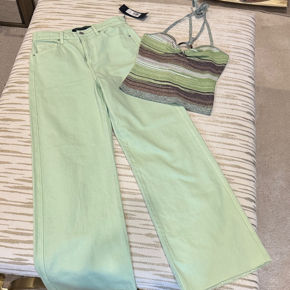 Veronica Beard Green and Purple Striped Halter Crop Top